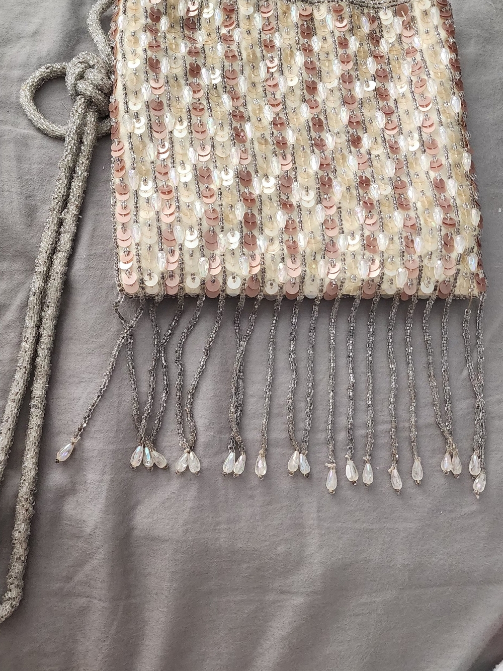 Vintage Beaded Fringe Crossbody Bag in Blush and Silver